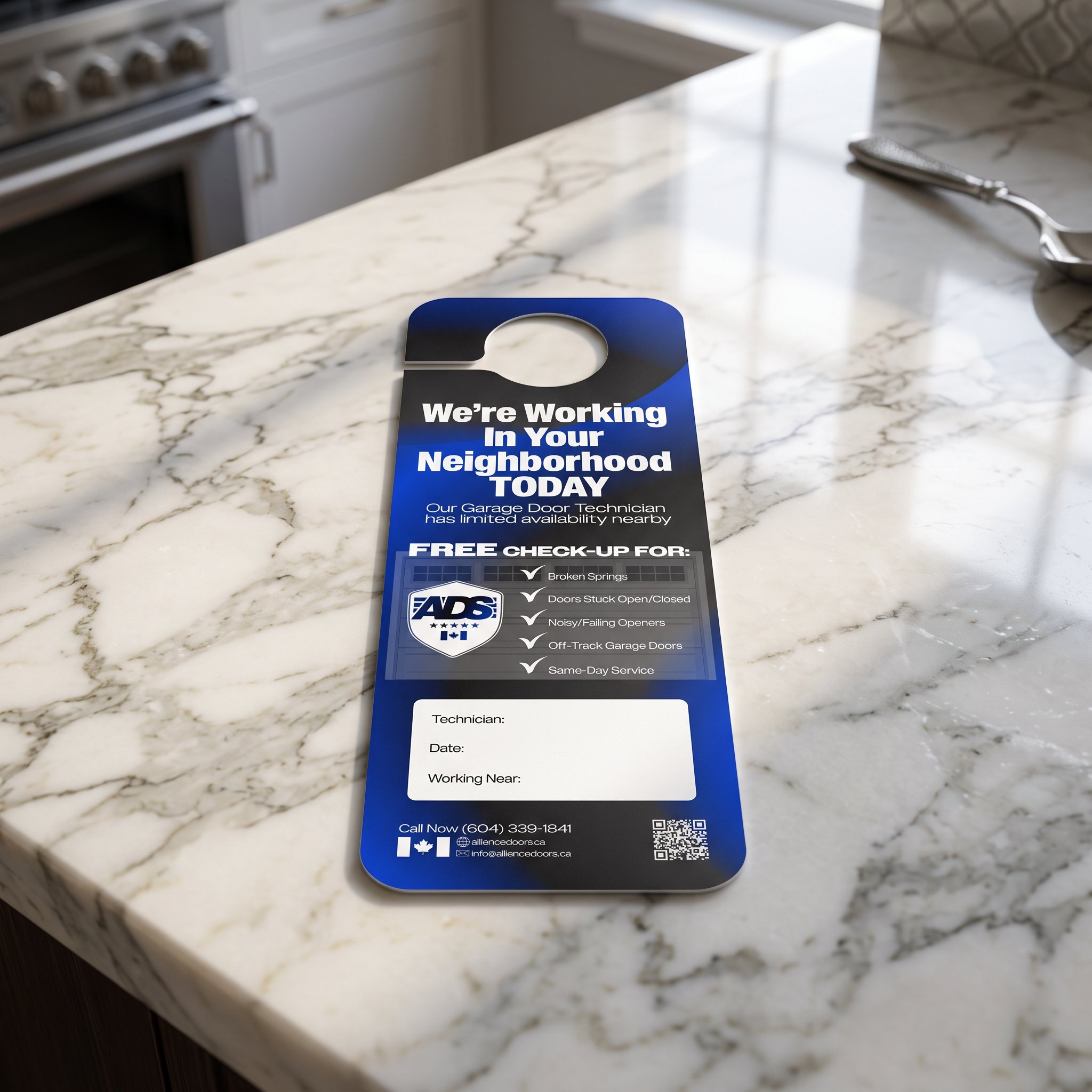 ADS door hanger resting on a marble kitchen counter
