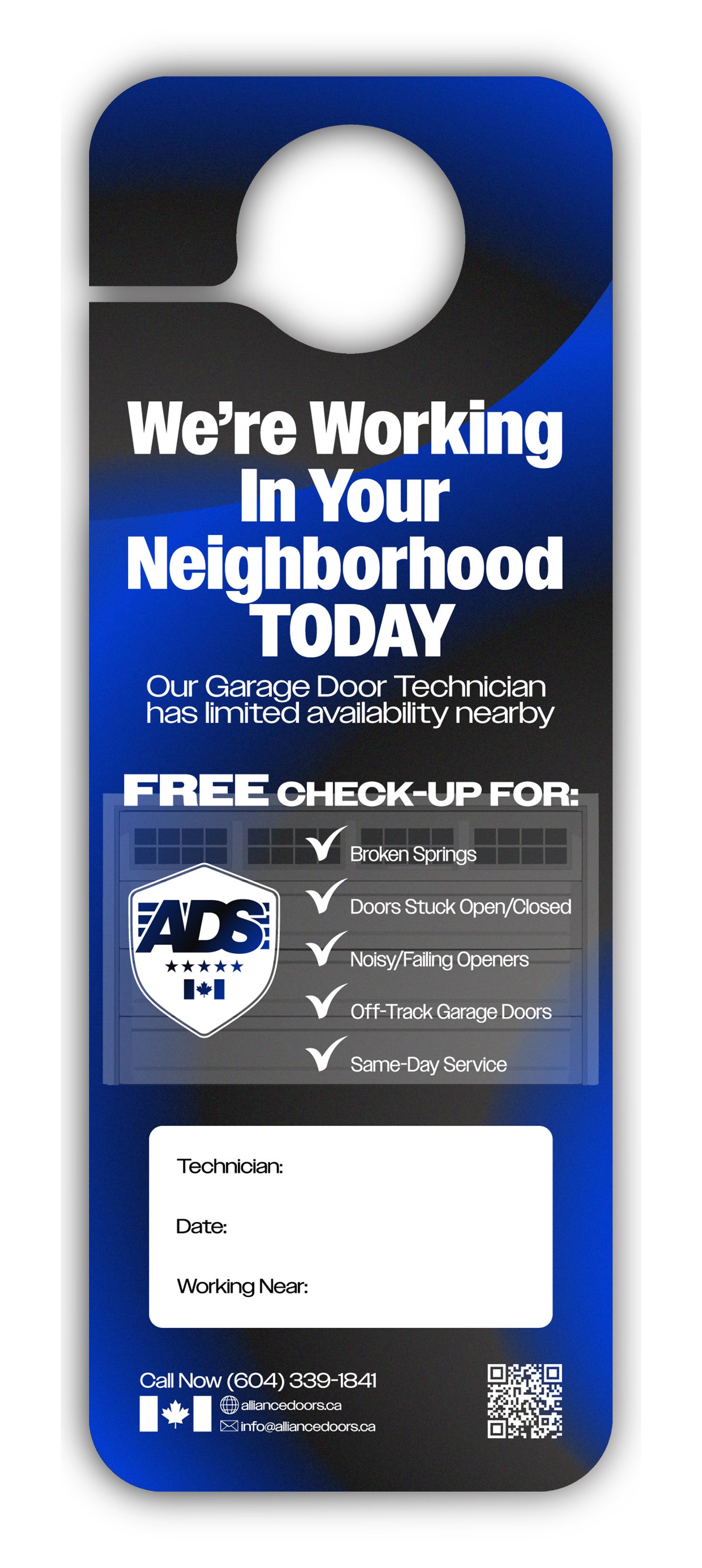 ADS door hanger design offering a free garage door check-up, with technician, date and working-near fields