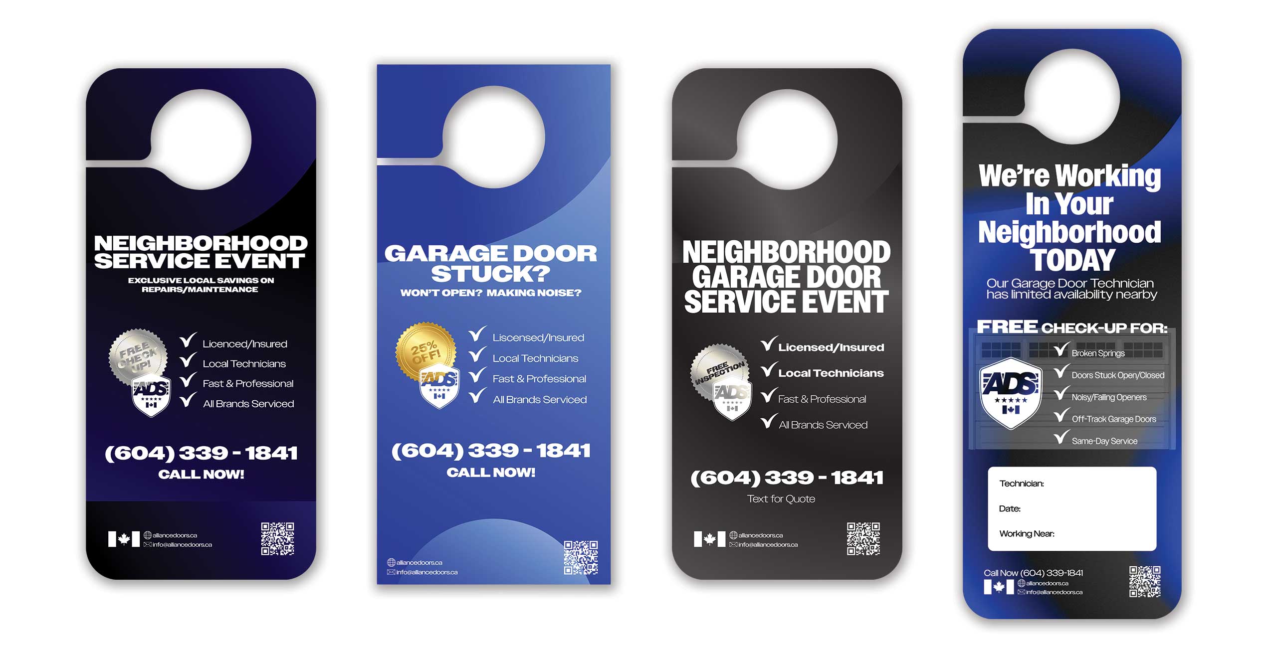 Four ADS door hanger designs in a row: neighbourhood service event and free check-up offers in blue and black
