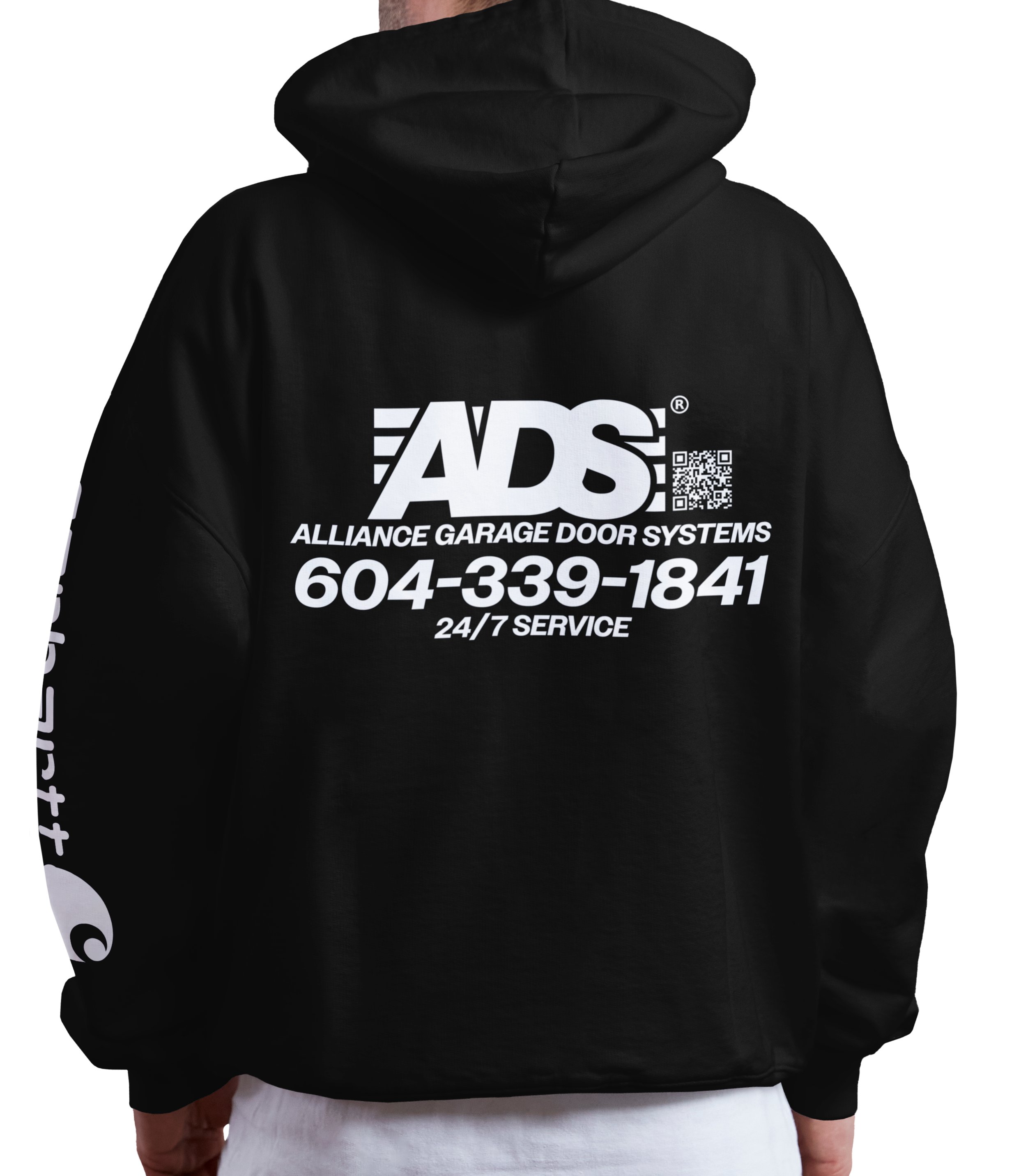 Back of the black ADS work hoodie with a large white ADS print, phone number and QR code