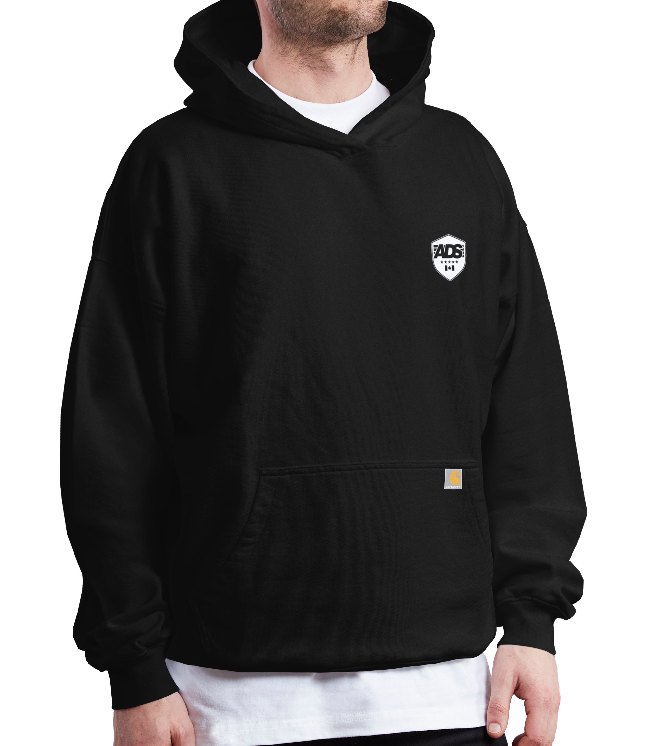 Front of the black ADS work hoodie with a small white shield badge on the chest