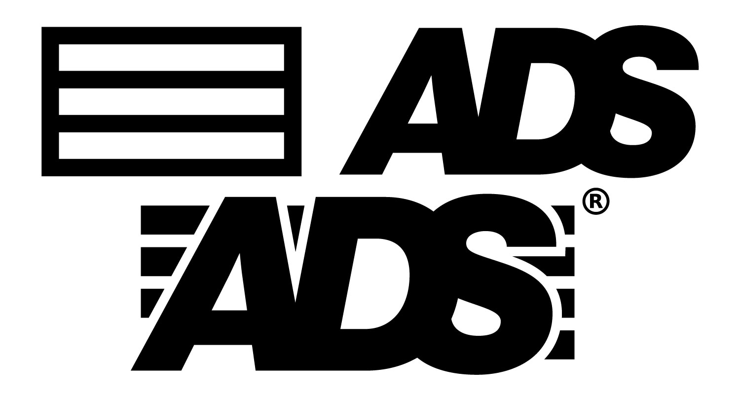 Logo variants sheet: a garage door panel icon beside the ADS wordmark, and the final mark with the panel slats cut through the letters
