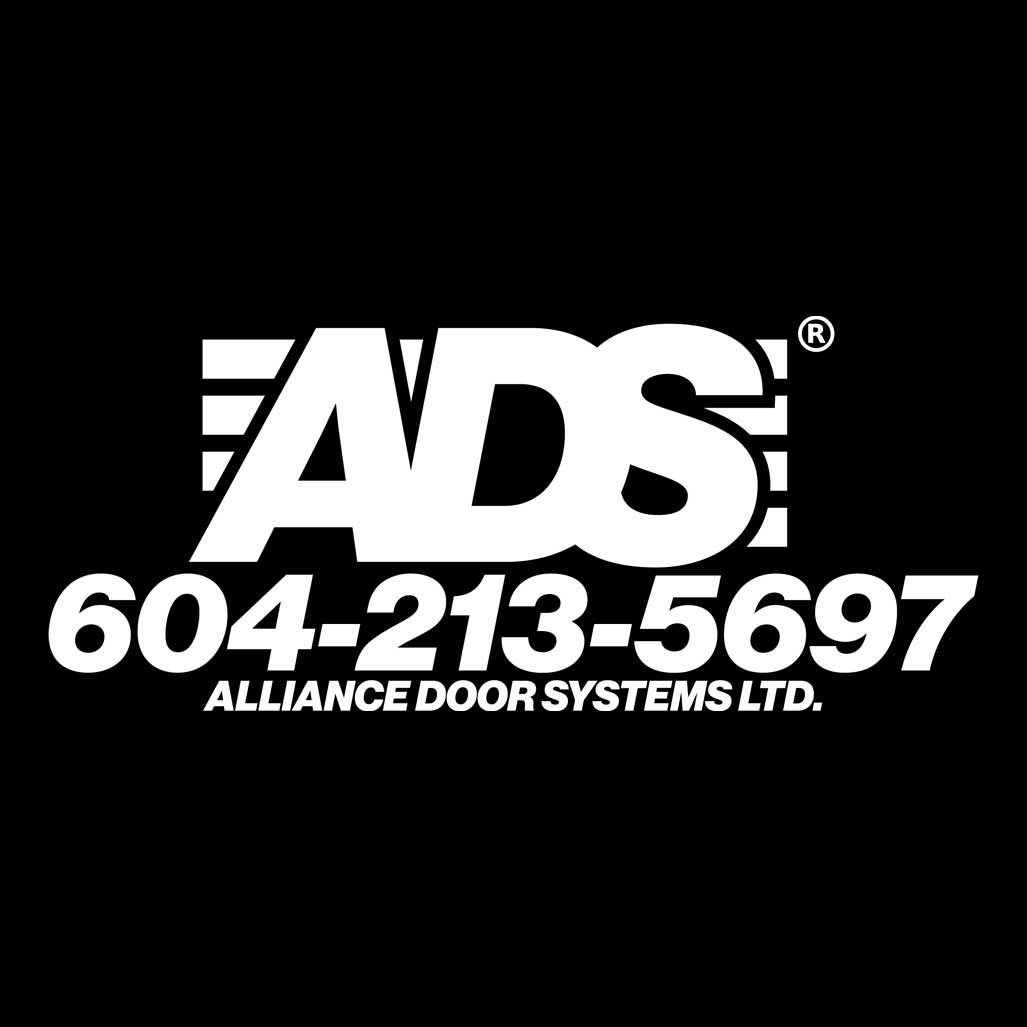 ADS wordmark lockup in white on black with the company phone number and Alliance Door Systems Ltd. beneath