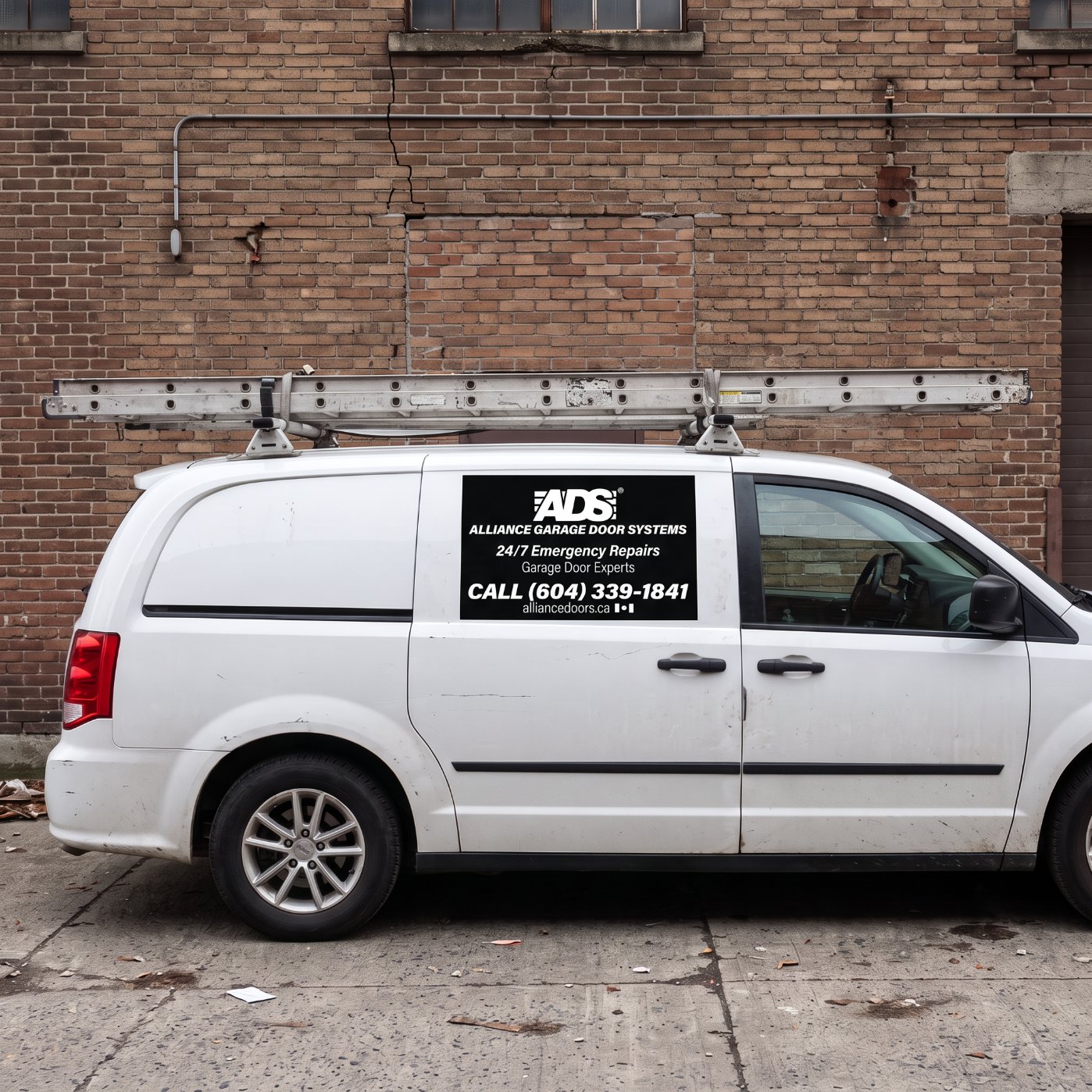 White ADS service van with a black door decal reading Alliance Garage Door Systems, parked against a brick wall