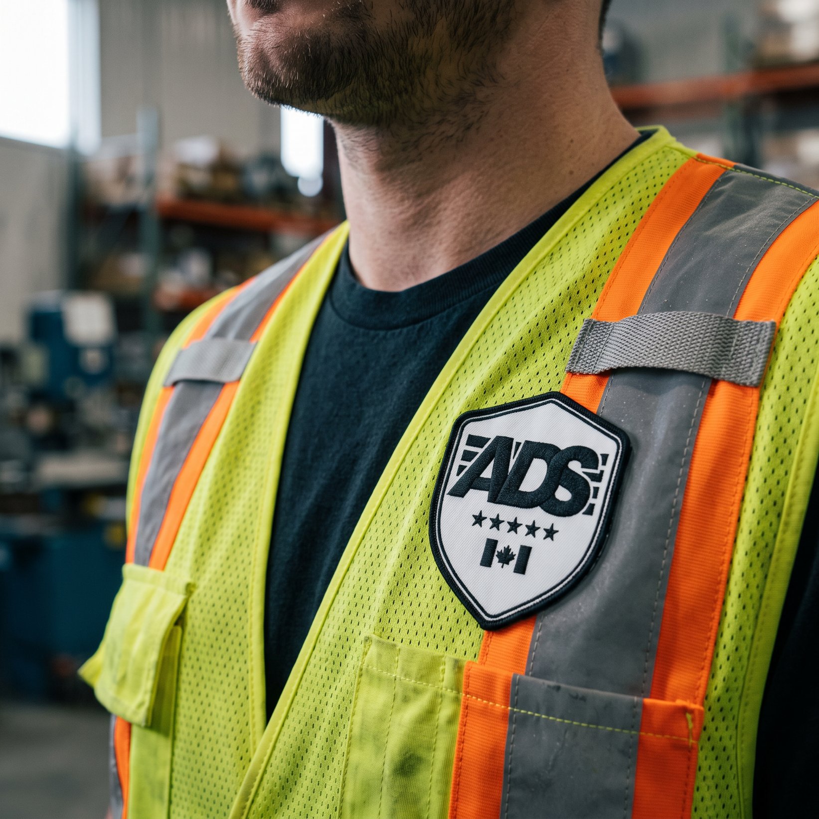Embroidered ADS shield patch sewn onto a hi-vis safety vest