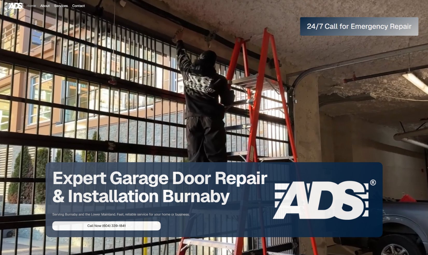 ADS website homepage on desktop: a technician repairing a glass garage door under the headline Expert Garage Door Repair and Installation Burnaby