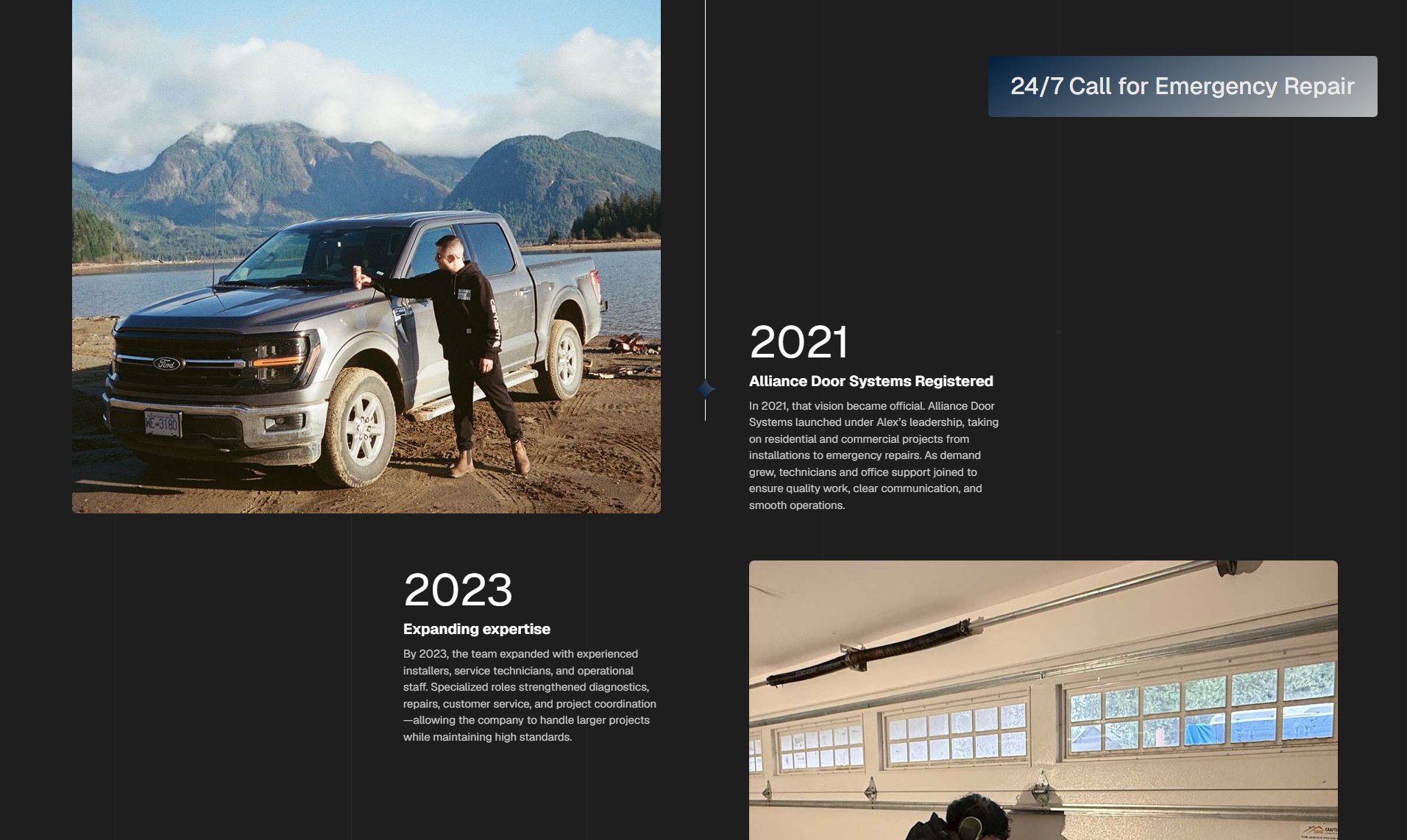 ADS website about page showing a company timeline with 2021 registration and 2023 expansion entries