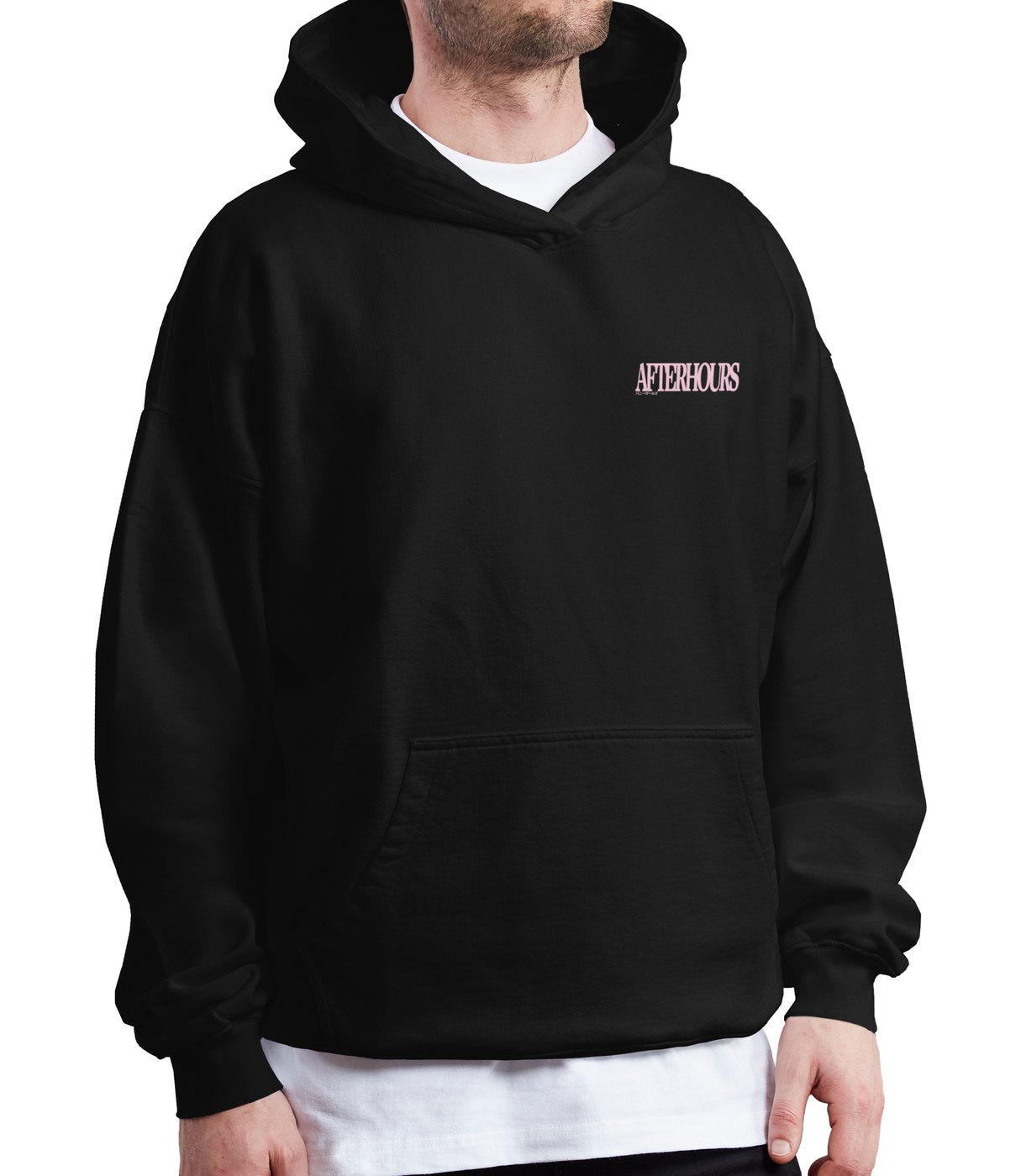 Front of the black Afterhours hoodie with a small pink chest logo