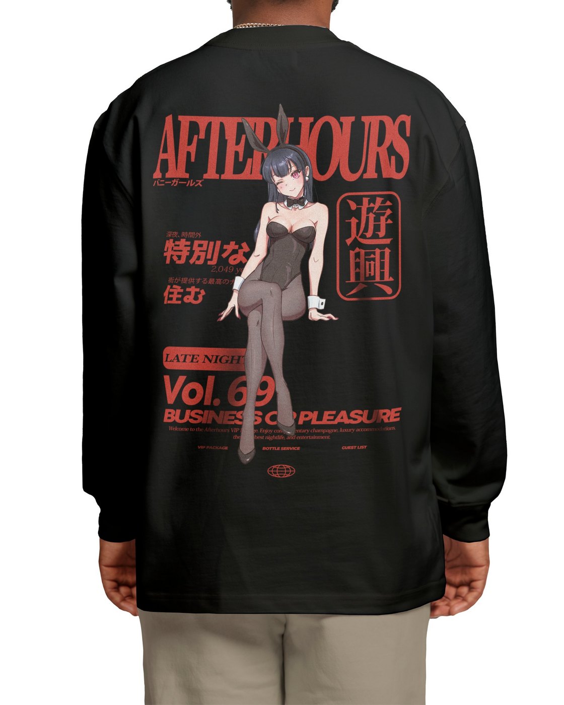Back of the black Afterhours long-sleeve with a large red bunny-girl print