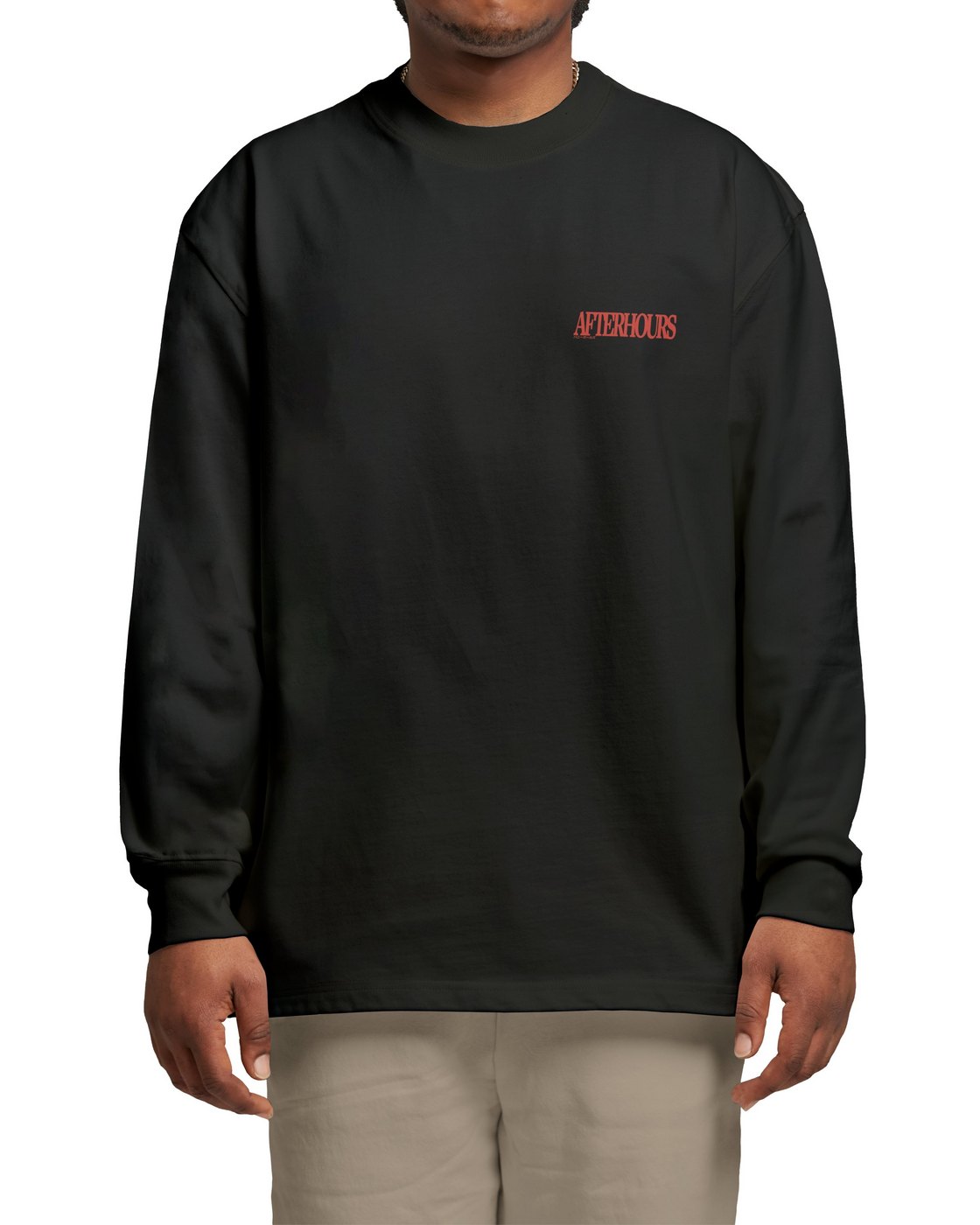 Front of the black Afterhours long-sleeve with a small red chest logo