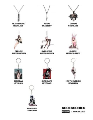 Anime NYC 2025 range sheet of accessories: necklaces, air fresheners and keychains