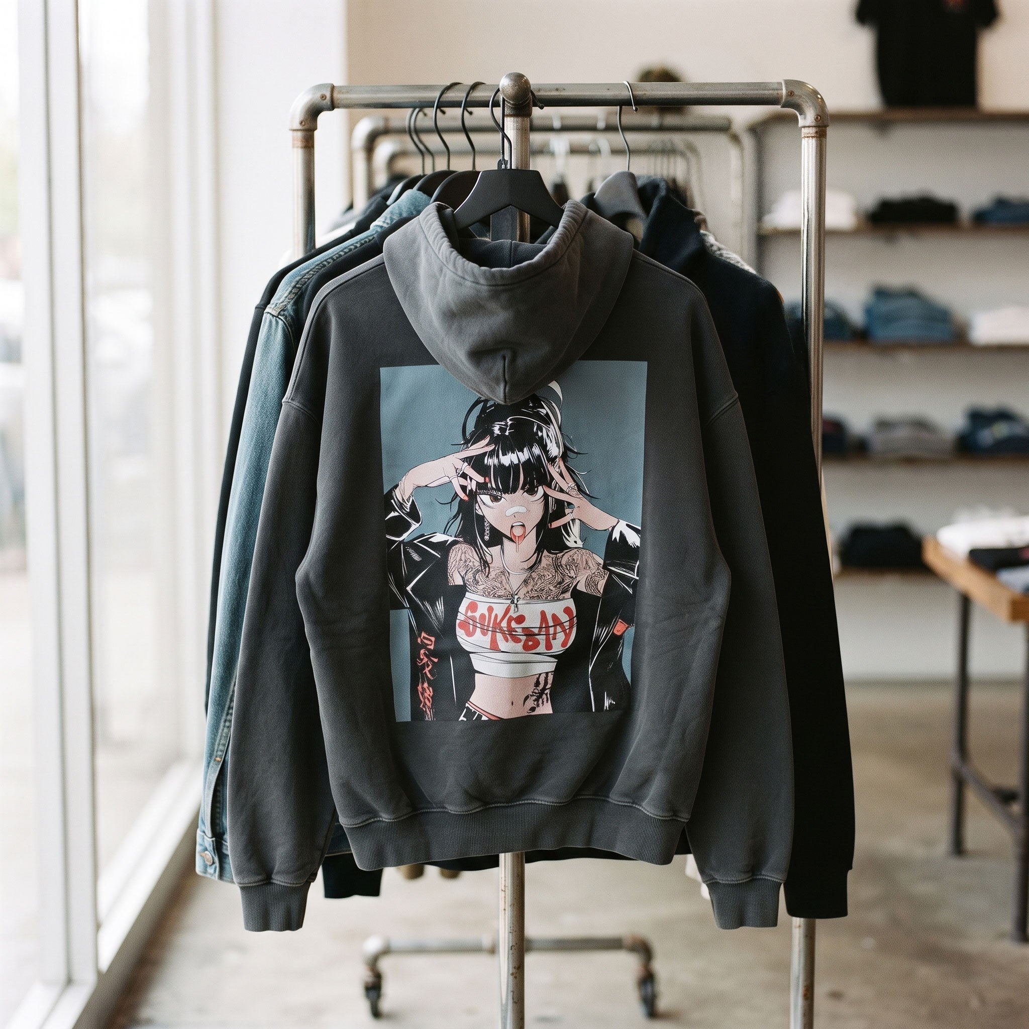 Grey Sukeban graphic hoodie hanging on a clothing rack in a retail store