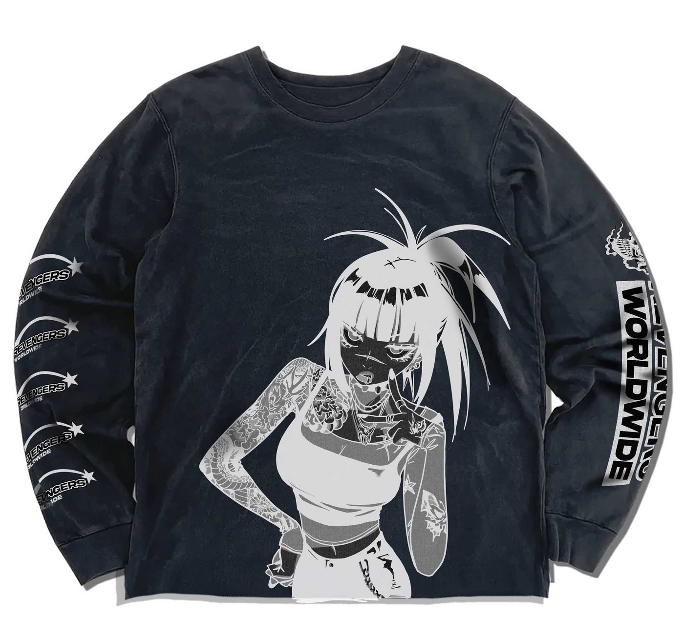 Revengers Worldwide long-sleeve with a large monochrome front print and sleeve graphics