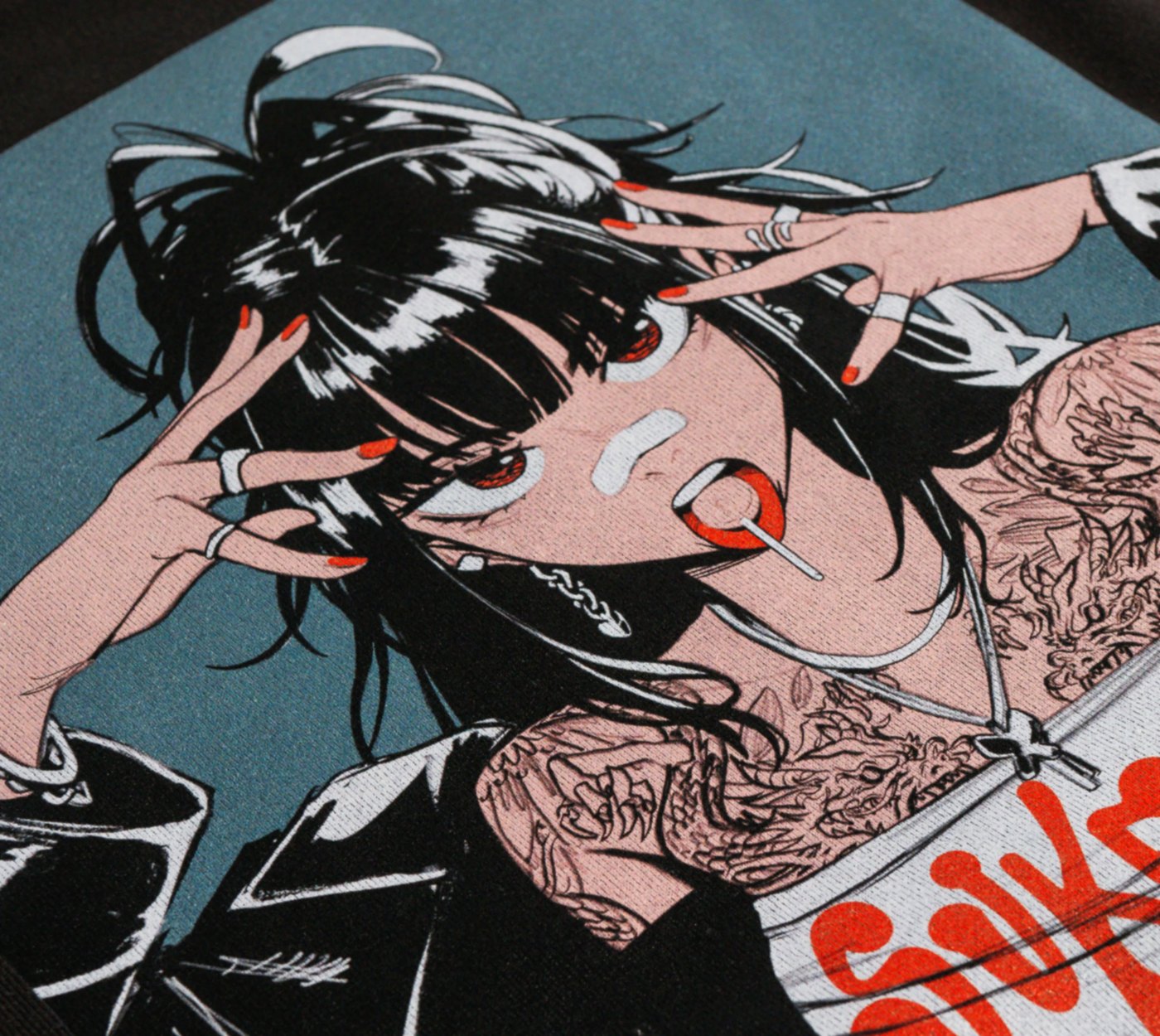 Close-up of the Sukeban screen print showing the illustration and tattoo detail