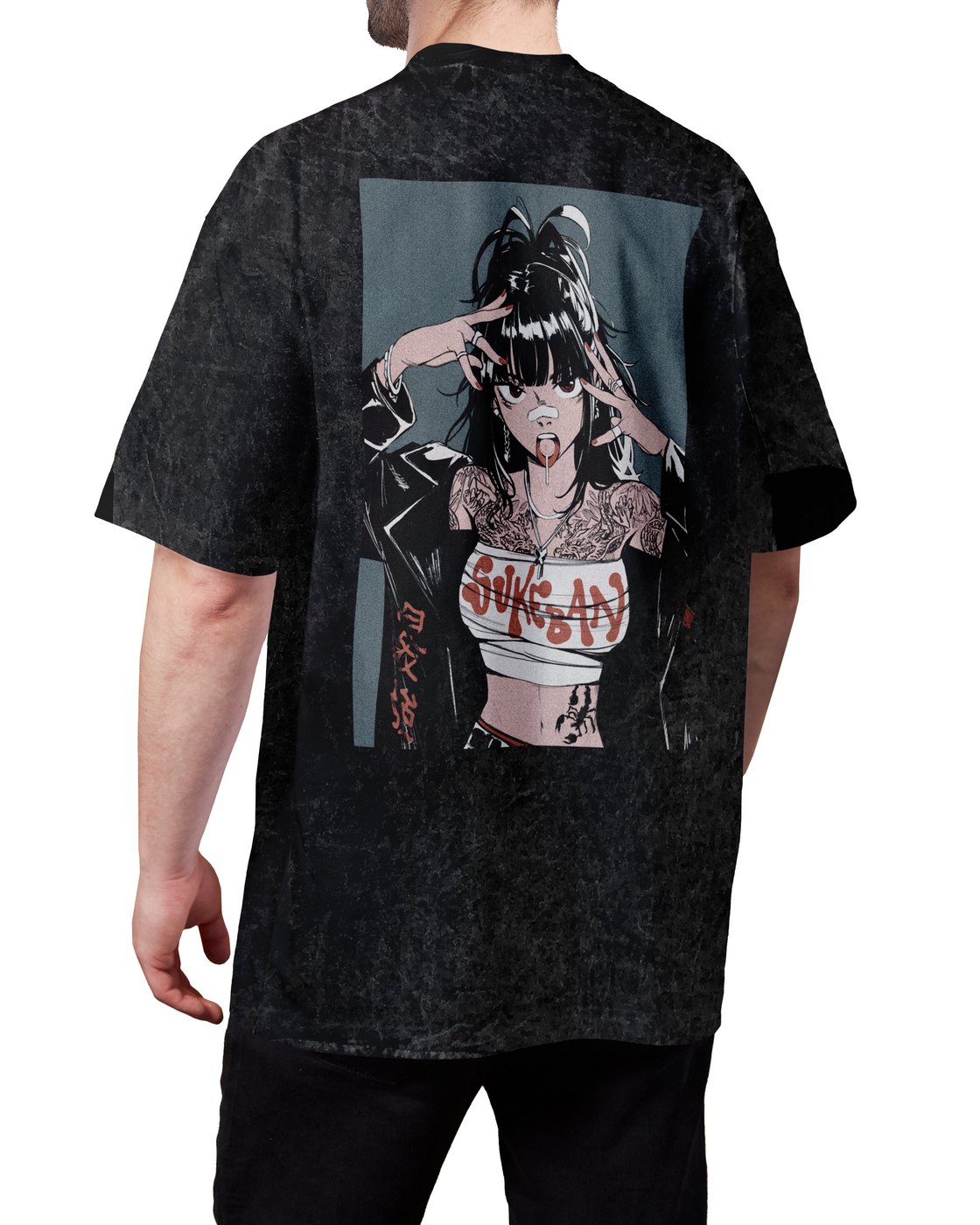 Model wearing the black Sukeban graphic tee, seen from the back