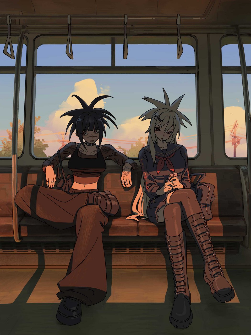 Illustration of two characters riding a train at sunset