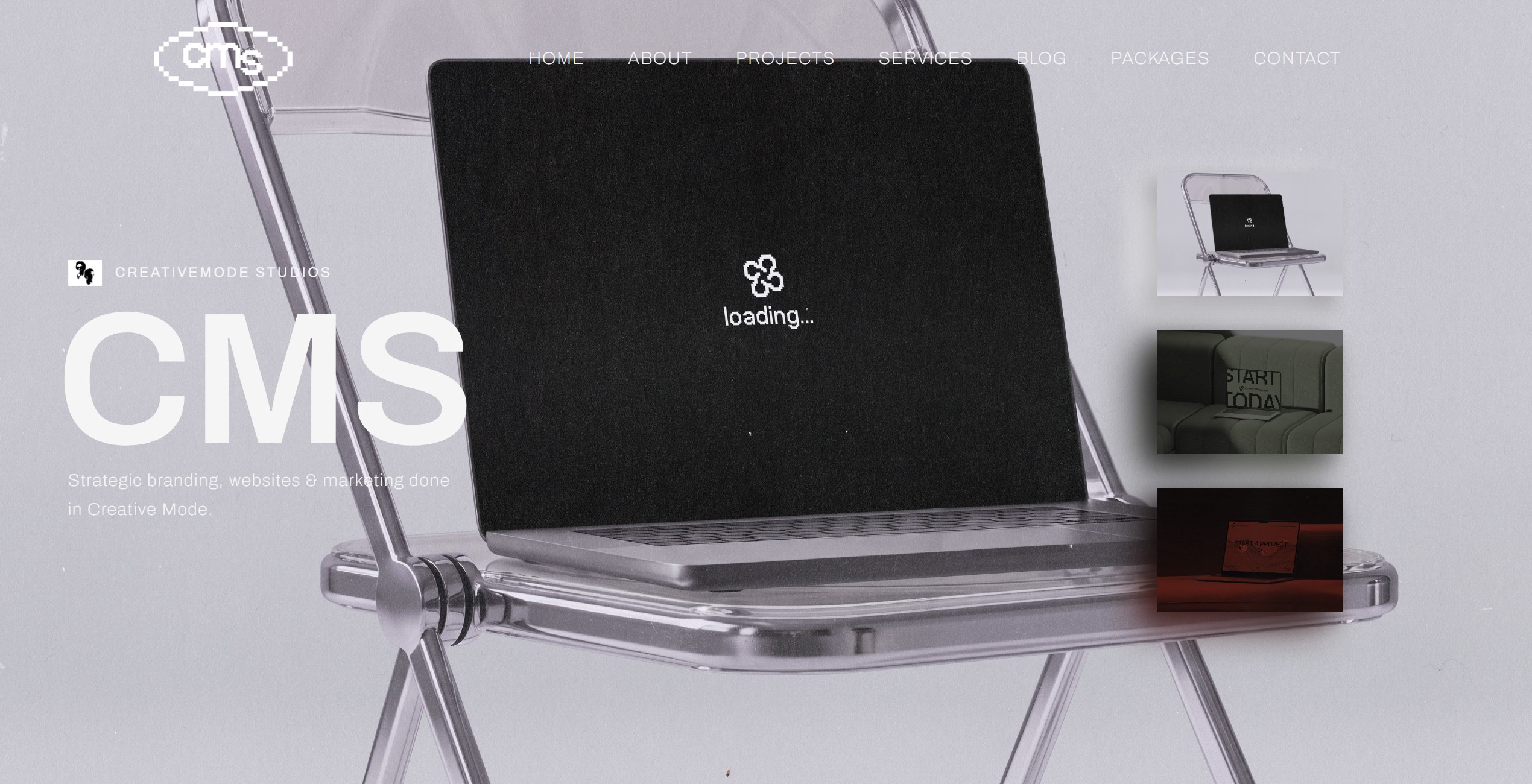 CreativeMode Studios homepage on desktop: a laptop on a clear acrylic chair showing the pixel clover mark, under the headline CMS