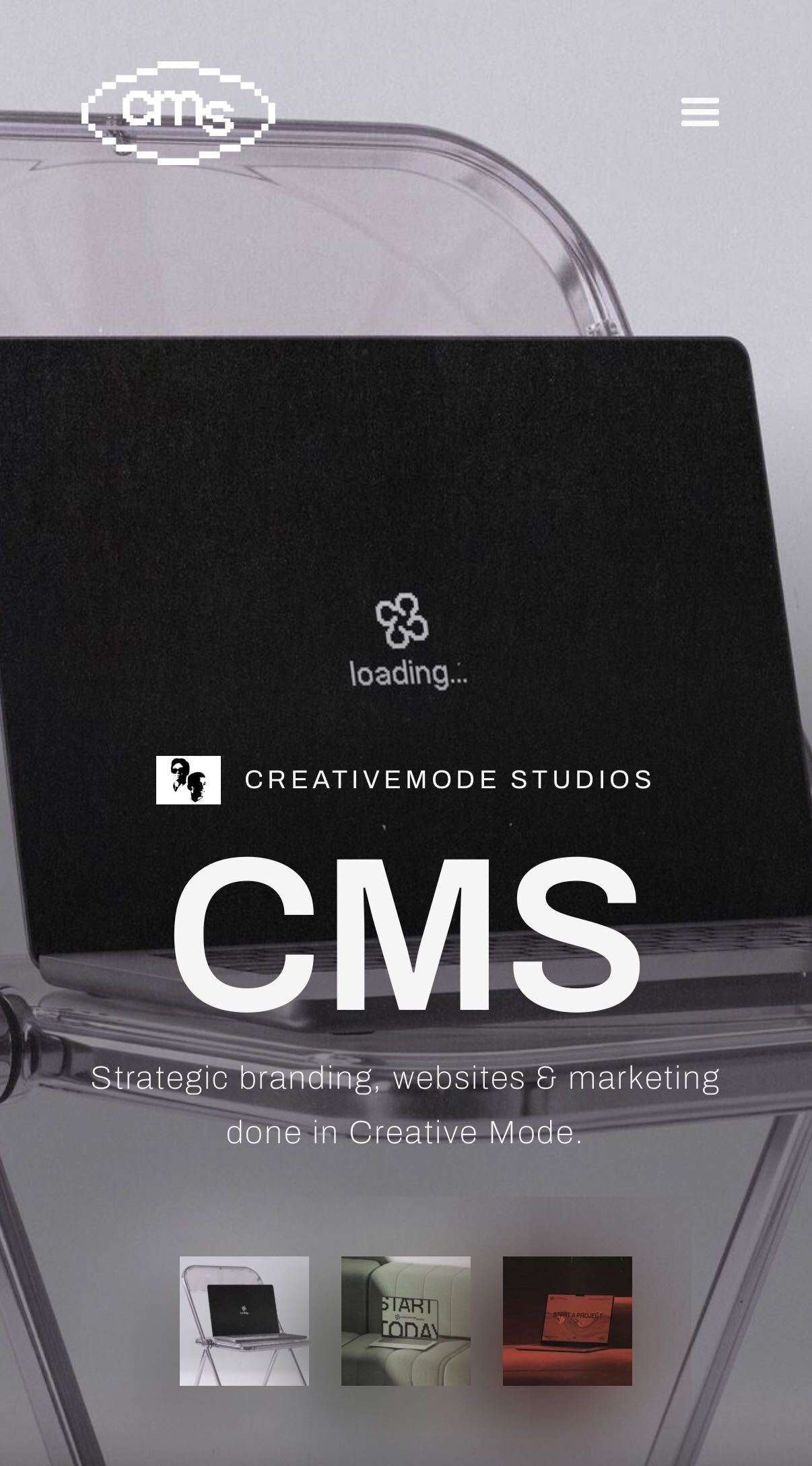 CreativeMode Studios homepage on mobile, showing the CMS headline over the laptop photograph