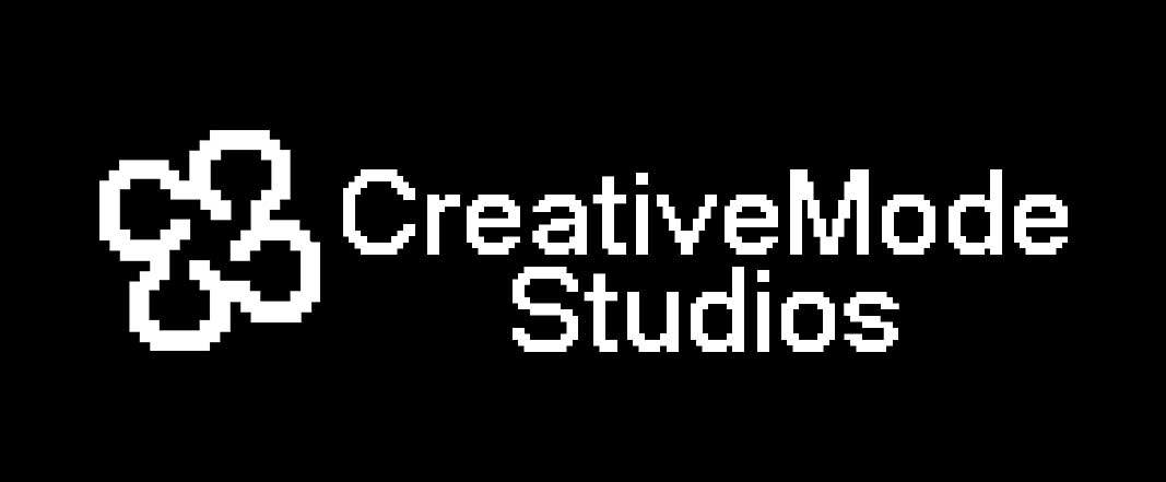 Full CreativeMode Studios lockup in white on black: clover icon beside the pixel wordmark