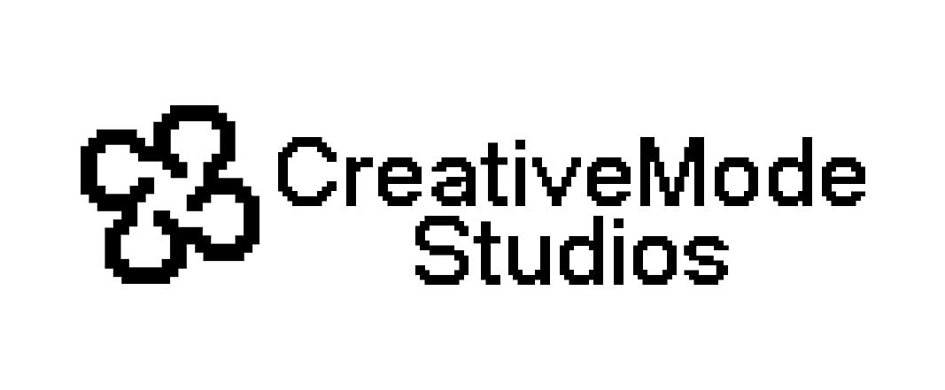 Full CreativeMode Studios lockup in black on white: clover icon beside the pixel wordmark