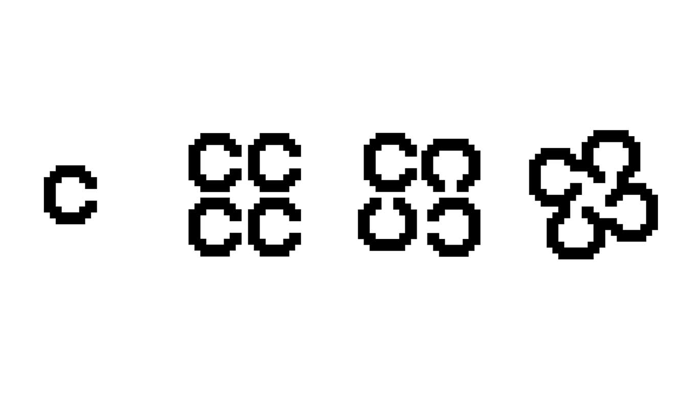 Logo construction sheet: a single pixel C multiplied into four, rotated open, and resolved into the clover mark