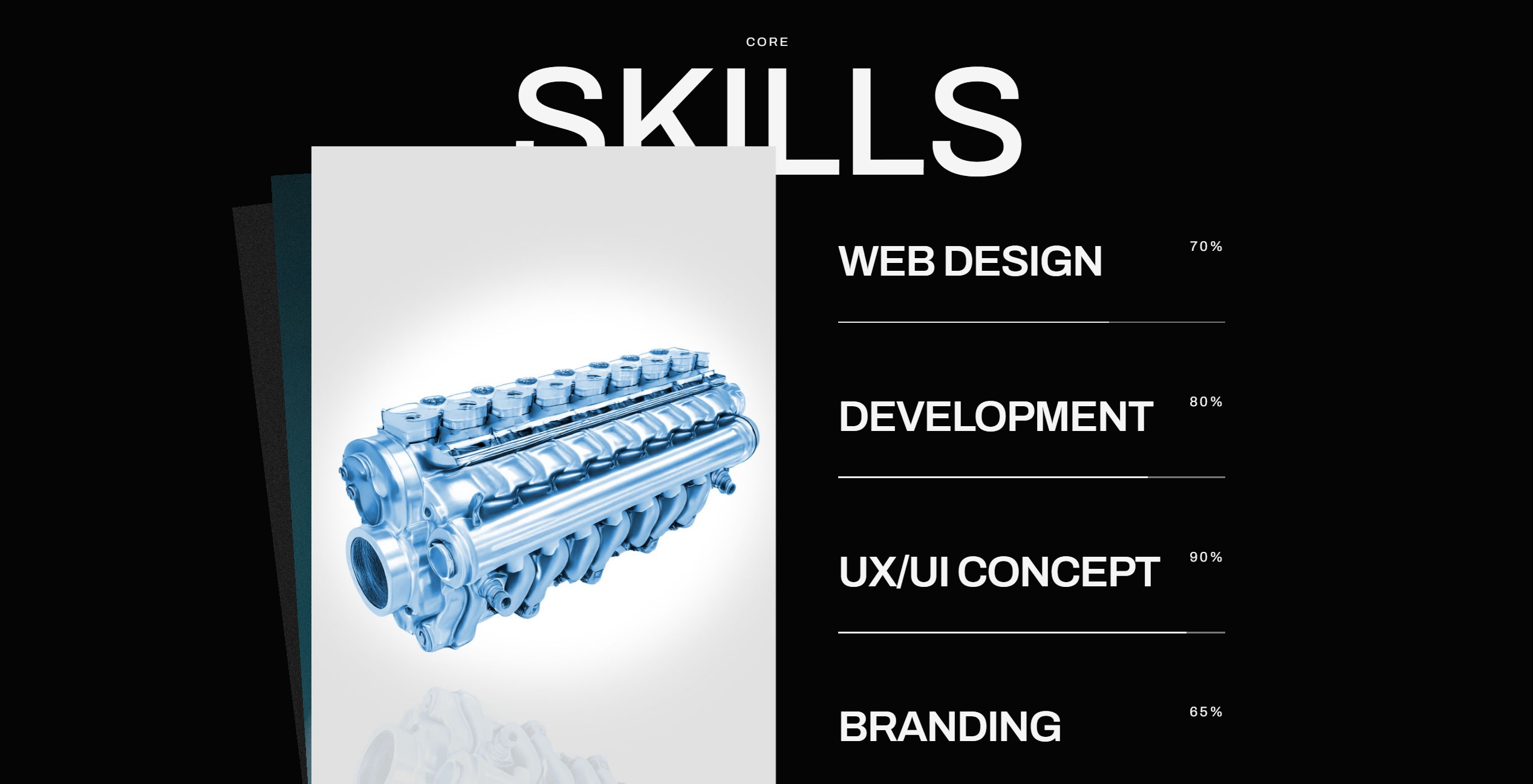 CreativeMode Studios skills page listing web design, development, UX/UI concept and branding beside an engine photograph